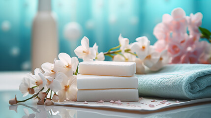 Soap towel and flowers in the bathroom, spa concept