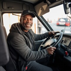 Portrait of courier black man in the truck smiling to camera while sitting in driver seat, Optimistic man worker with delivery occupation.