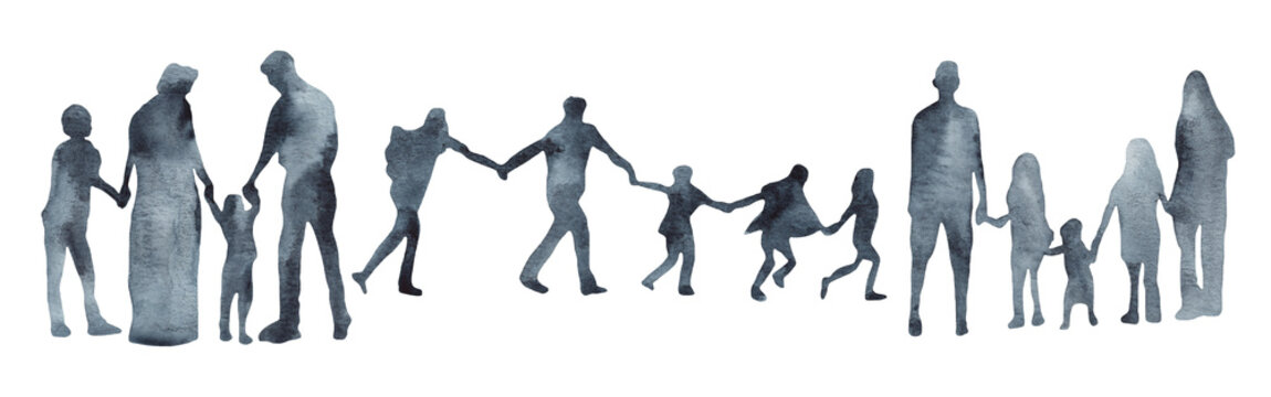 Watercolor border with silhouettes of people. Brush strokes in the form of blue silhouettes of people,Silhouette of family on white background.