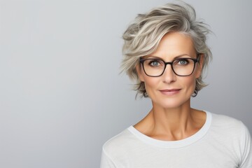 Close up middle aged stylish woman wearing eyeglasses smiling isolated over light gray background