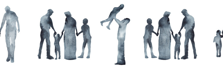 Watercolor border with silhouettes of people. Brush strokes in the form of blue silhouettes of people,Silhouette of family on white background.