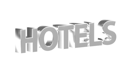 Hotels - silberne plakative 3D-Schrift, Urlaub, Übernachtung, Zimmer, Schlafen, Wellness,  Gastwirtschaft, Reise, Buchung, Freisteller
