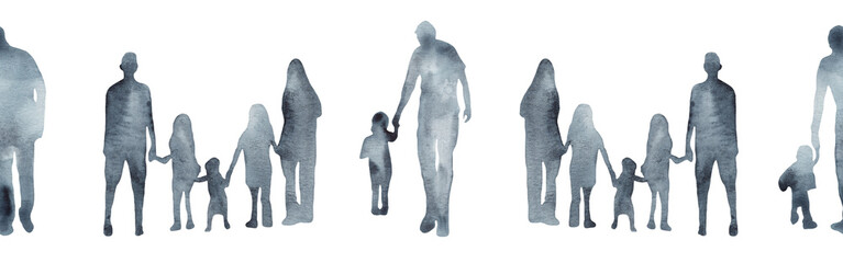 Obraz premium Watercolor border with silhouettes of people. Brush strokes in the form of blue silhouettes of people,Silhouette of family on white background.