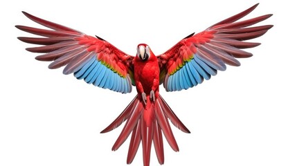 a red parrot flying in front of a white background, Ai Generated