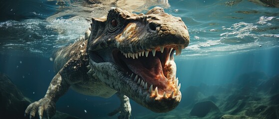 A large tyrannosaurid dinosaur swimming in the ocean, Ai Generated