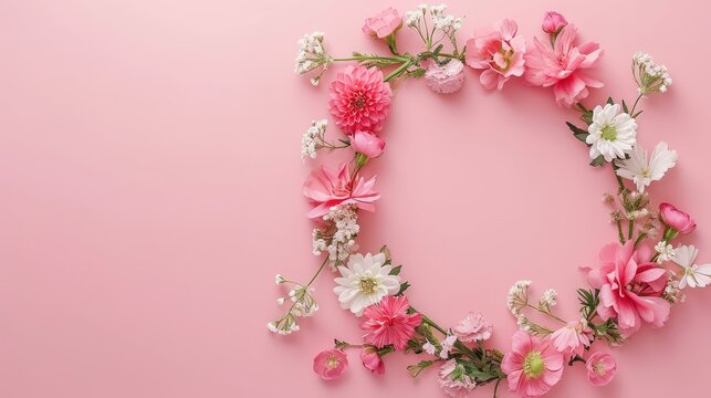 Assorted tiny blossoms arranged in a garland against a pink backdrop, featuring space for text, and Mother's Day, Ai Generated.
