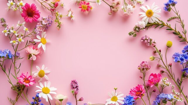 Assorted tiny blossoms arranged in a garland against a pink backdrop, featuring space for text, Ai Generated.