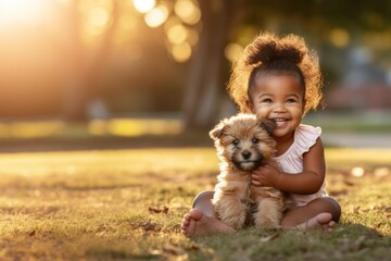 Cute african child girl hugging little dog in a park