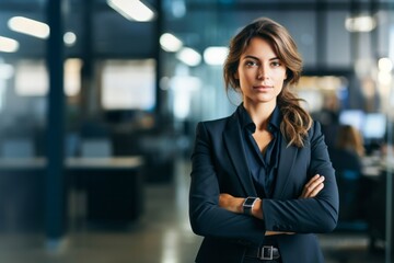 Smiling Female Business Leader With Arms Crossed at office - obrazy, fototapety, plakaty