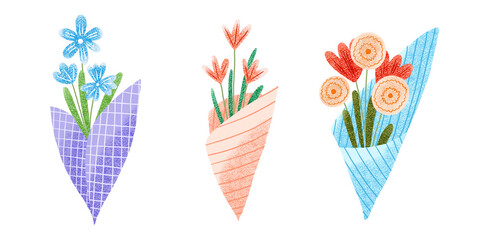 Set of bouquets of flowers. Cute simple illustration with wild flowers. Botanical clipart