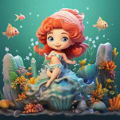 Obraz na płótnie Canvas A magical 3d cartoon scene with a glossy baby mermaid