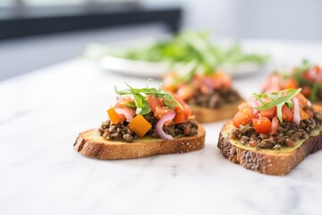 olive tapenade topped bruschetta on a marble surface