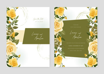 Yellow rose floral wedding invitation card template set with flowers frame decoration