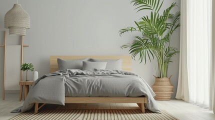 Interior Design Mock-up of a Bedroom: Scandinavian-inspired with a light wood bed frame, soft gray bedding, and a large potted plant for a natural touch