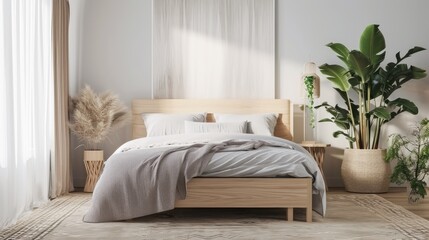 Interior Design Mock-up of a Bedroom: Scandinavian-inspired with a light wood bed frame, soft gray bedding, and a large potted plant for a natural touch