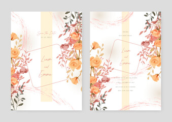 Pink and orange rose modern wedding invitation template with floral and flower