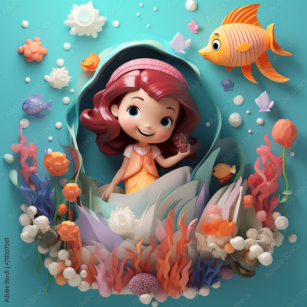 Poster a magical 3d cartoon scene with a glossy baby mermaid