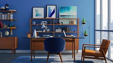 Interior Design Mock-up of a Home Office: Contemporary workspace with a glass desk, ergonomic chair, and a bold blue accent wall