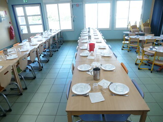 An empty children's canteen before noon. Le Mans, France - January 17, 2024.