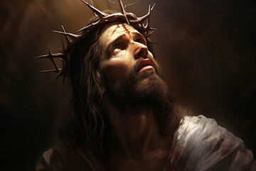 Jesus Christ wearing crown of thorns Passion and Resurection. Easter card, Good Friday. Generative...