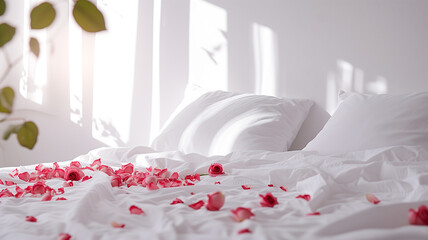 Rose petals on white bed, romantic, valentine background