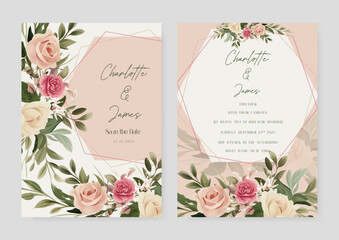 Pink beige and white rose floral wedding invitation card template set with flowers frame decoration