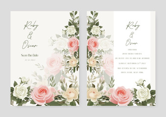 Pink beige and white rose vector wedding invitation card set template with flowers and leaves watercolor