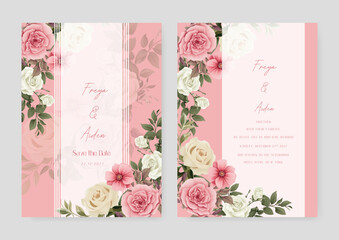 Pink and white rose and poppy wedding invitation card template with flower and floral watercolor texture vector