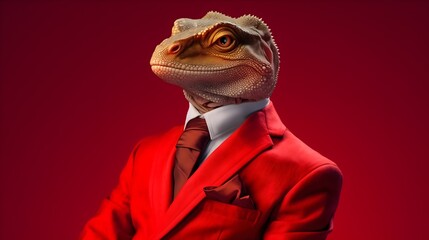 Humanoid Lizard businessman isolated on red background