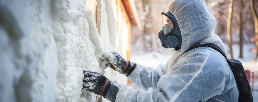 Man spaying foam insulating house walls Generative Ai