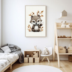A captivating nursery artwork featuring a baby racoon