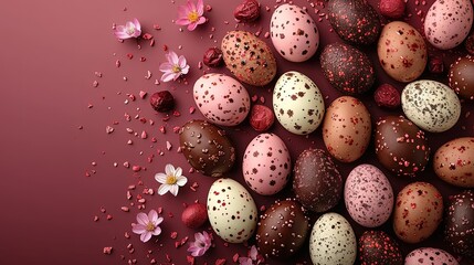 Obraz premium flat lay background of handmade fancy easter eggs for greetings card, plain maroon background