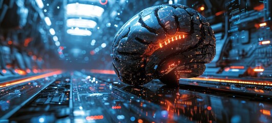 A futuristic model of the human brain connected to a digital network. An illustration of futuristic artificial intelligence and technology development. The introduction of digital technologies and AI