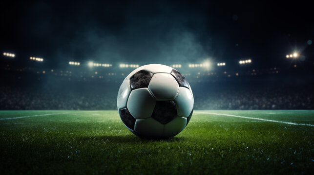 Soccer ball on a soccer grass field in front of a blurred stadium. Sport concept background