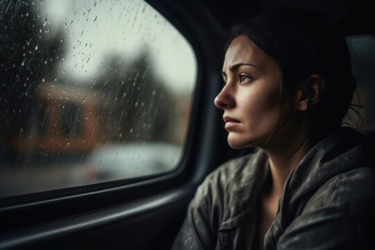 Gloomy woman on vehicle ride. Stressed lady looking in car window backseat. Generate ai