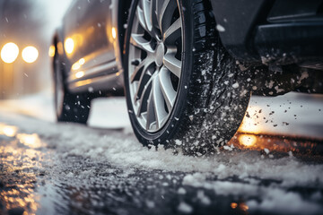 Winter car tyres on a snowy road. The car is on a winter road with falling snow - obrazy, fototapety, plakaty
