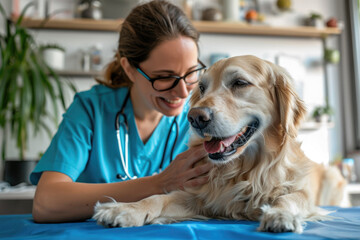 The female veterinarian is examining the pet dog