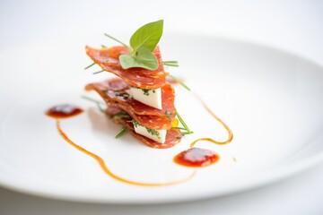 pepperoni pizza slice on a white plate, basil garnish