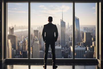 Fototapeta premium Businessman standing in office with modern city in background. Businessman standing in modern office with panoramic window and city view