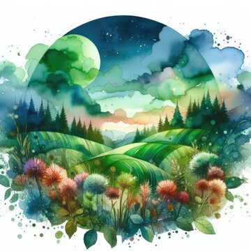 Ethereal Watercolor Landscape: Green Hills, Meadows, and Clover