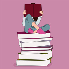 A girl sits on a mountain of books and reads