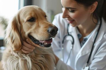 The female veterinarian is examining the pet dog