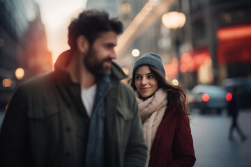 portrait of a man and woman walking around the city, bokeh background