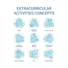 Collection of 2D editable blue thin line icons representing extracurricular activities, isolated simple vector, linear illustration.