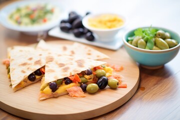 nacho-style quesadilla with cheese and olives