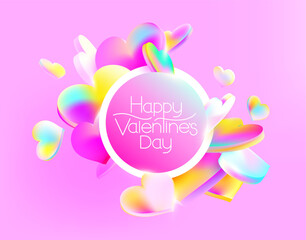 Colorful iridescent 3D hearts on pink background. Valentine's Day greeting card design. Congratulatory banner.