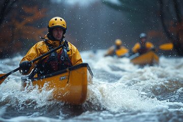 kayaking down a mountain river in summer
