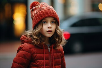 Little girl in a red jacket and a knitted hat on the street