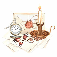 Watercolor composition vintage burning candle in candlestick, envelope and sheets of paper, rosehip branch and pocket watch. Template antique objects retro Isolated hand drawn illustration for design