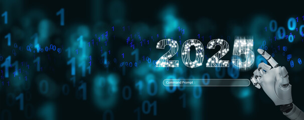 Obraz premium Happy new year. Artificial intelligence, Ai, robotic hand tapping on the year to change it into 2025 to start, begin, and welcome the new coming year, journey